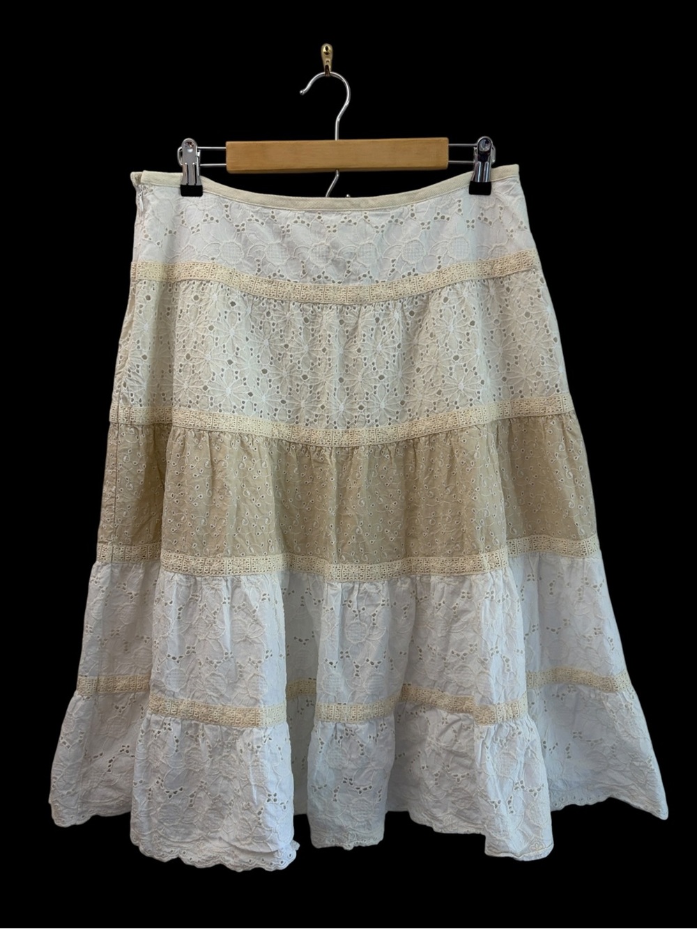 Sigrid Olson Coastal Cowgirl Cotton Tiered Eyelet Midi Skirt (12) Cream & White